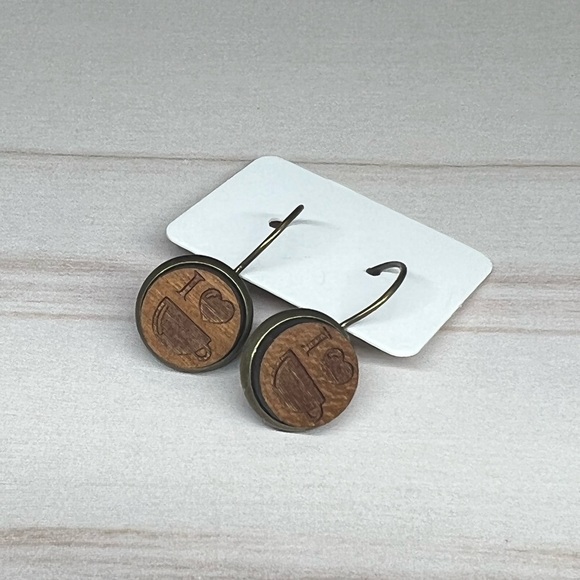 I ❤️ Coffee Drop Wood Earings in antique bronze setting - Picture 1 of 1